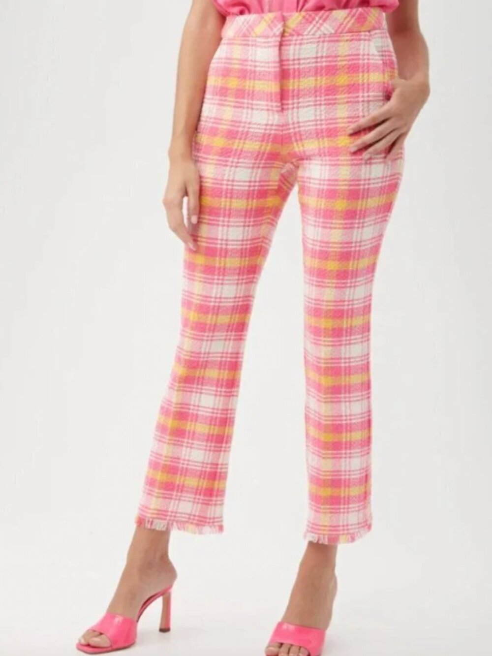 Trina Turk Lulu Pink Yellow White Plaid Tweed Fringe Pants Size 6 NWT